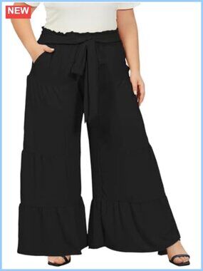 Plus Size Wide Leg Palazzo Pants High Waisted Flowy Pockets Summer Casual